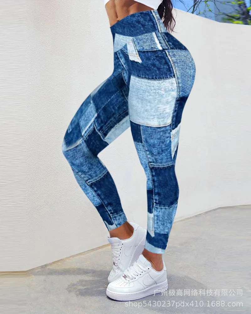 

Women's Fashion Color Blocking Imitation Denim Hip Shaping High-waisted Sports and Fitness Bottoms Tight Casual Hip-hugging Pant
