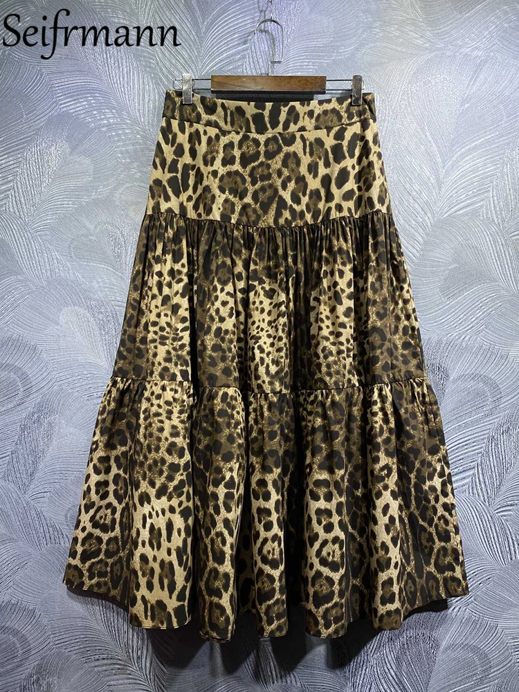 Seifrmann High Quality Autumn Women Fashion Runway Long Skirts High Waist Leopard Print Big Swing Cotton A-Line Skirts Bottoms