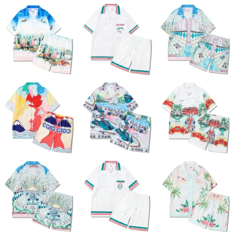 2023 Casablanca Tennis Flowers Stripes Men Women Short Set T Shrt Hawaii Beach Style Suit Hip Hop Shirt Shorts Couple Suit Casa