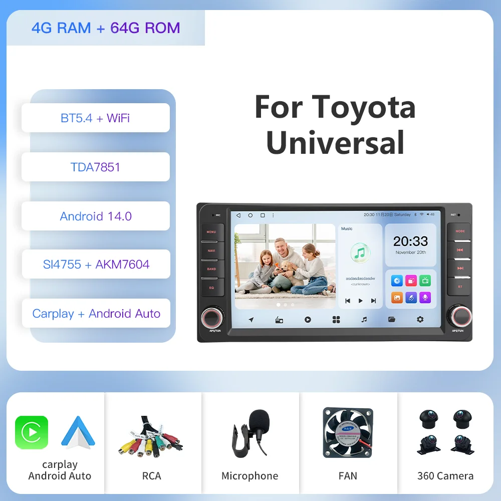 

Kapud Android 14 автомобильное универсальное радио 360 200 мм * 100 мм для Toyota Rav4/Hilux/Camry/Corolla/Terios/Aqua/Vish CarPlay Auto DSP GPS