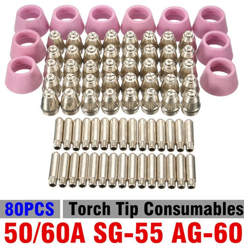 

80Pcs AG-60 Plasma Cutting Torch Consumable SG-55 Plasma Cutter Kit 60A AG-60 Plasma Torch Tip Electrode Nozzle shield cup