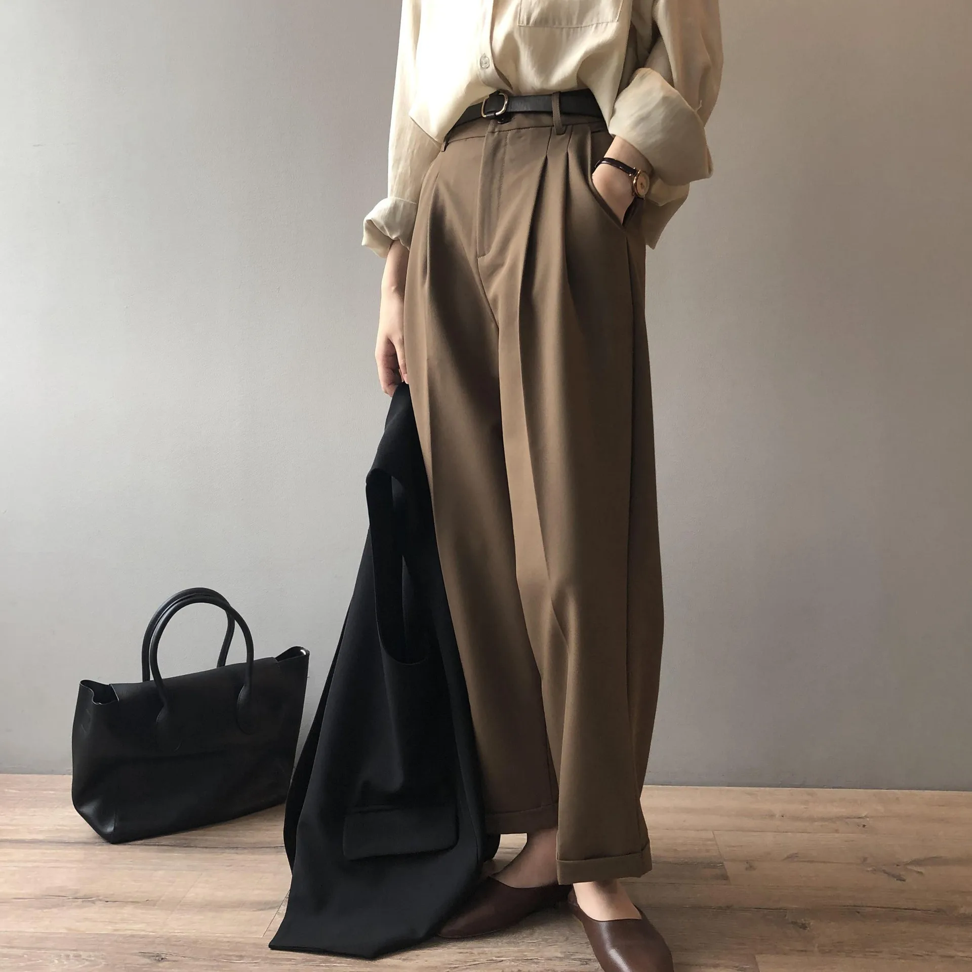 

Grey suit pants women's 2022 spring new Korean version wide-legged high-waisted loose drape casual pants women