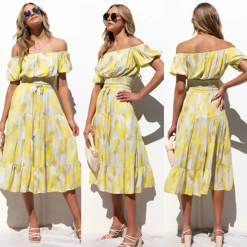 

2022 spring and summer style temperament one-shoulder puff sleeve elastic waist top + skirt women