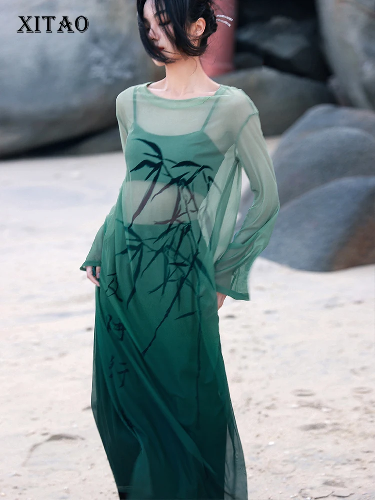 

XITAO Screen Print Dress Women Korea 2023 Summer New Arrival Personality Fashion Loose O-neck Long Sleeve Dress WLD16476