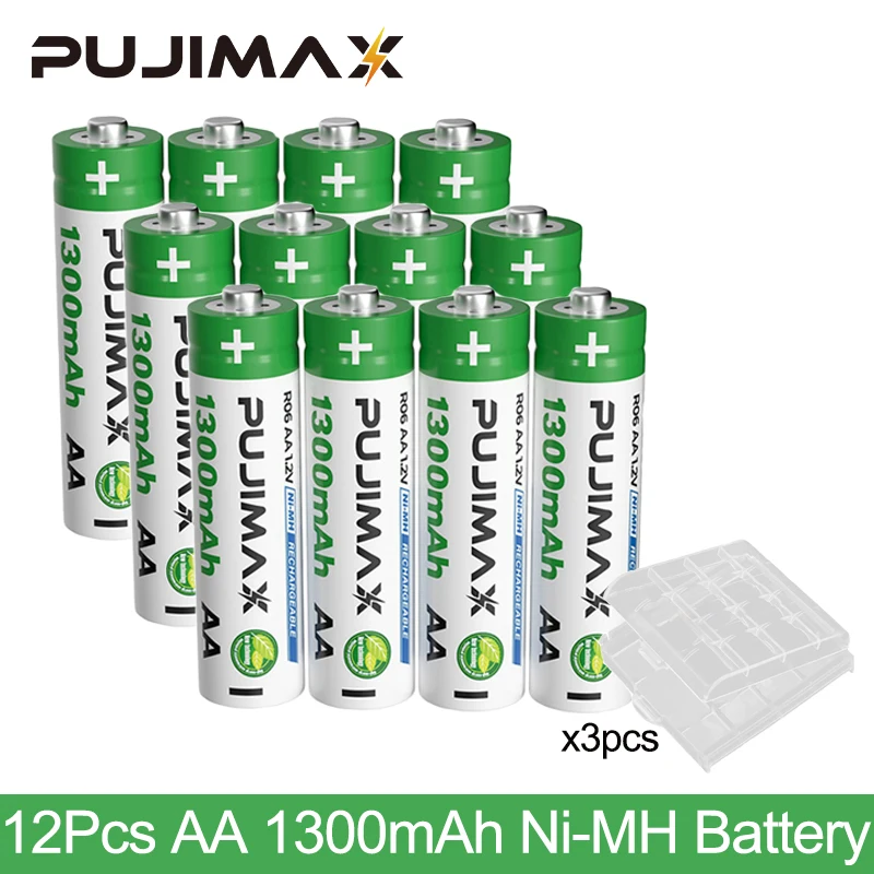 

PUJIMAX 12Pcs Ni-MH 1.2V AA Rechargeable Battery 1300mAh Large Capacity For Flashlight Electric Toothbrush Gamepad Safe Durable
