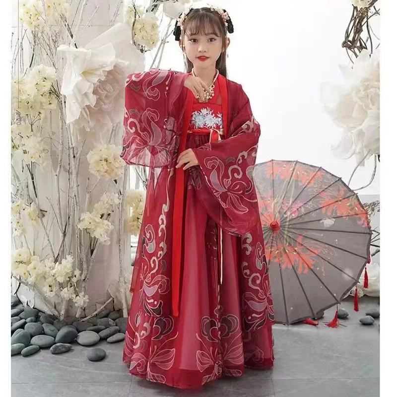 Китайское красное Повседневное платье Hanfu для девочек