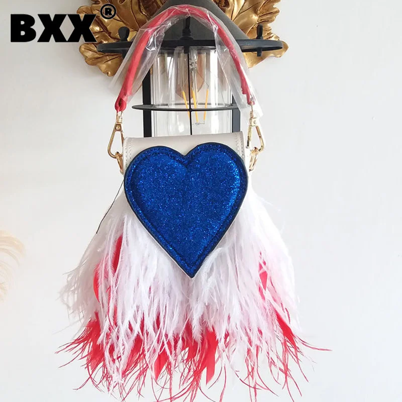 

[BXX] Women Fashion Feather Handbag 2023 High Quality Luxury Designer Contrast Color Temperament Portable Trend Female Bag 8P026