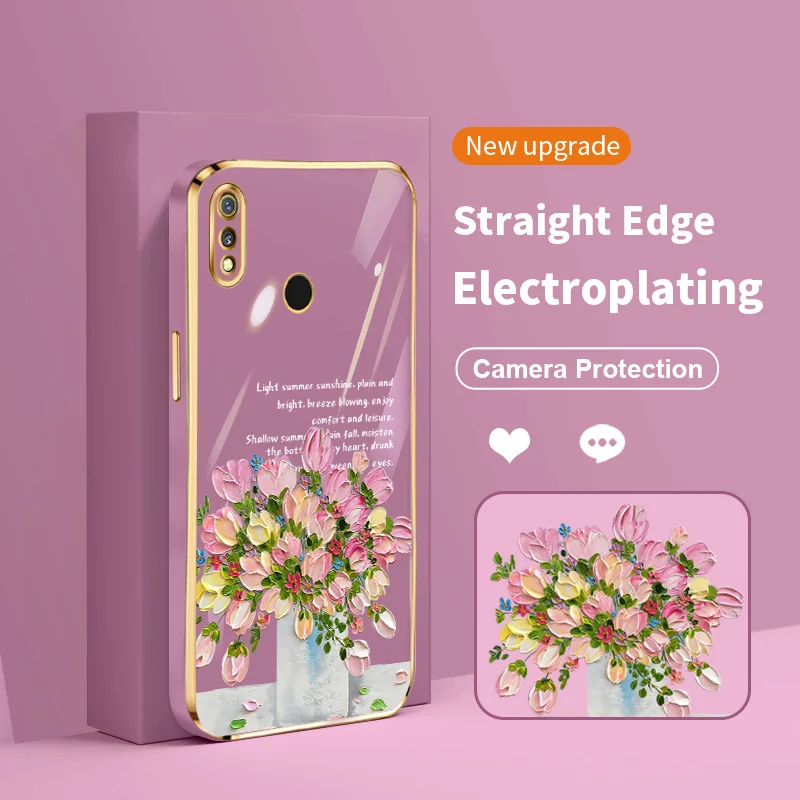 

Little Fresh Girl and Bouquet Electroplating Case for Realme 3 3i 5 5i 5S 6i 6 6S 7 Narzo 20 Pro V5 Q X Lite OPPO K7x