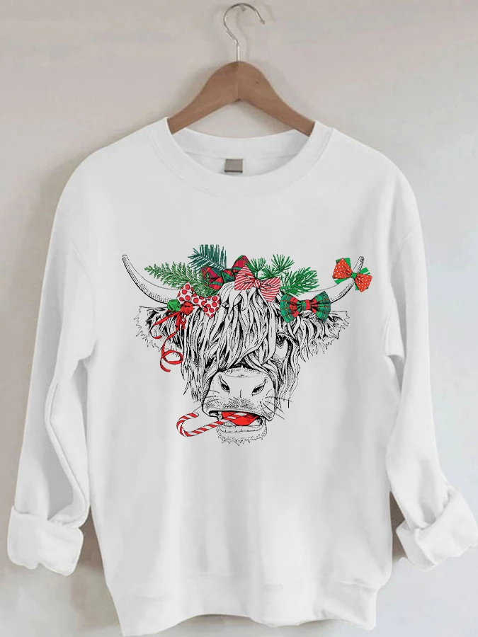 

Christmas Cow Print Casual Crewneck Sweatshirt