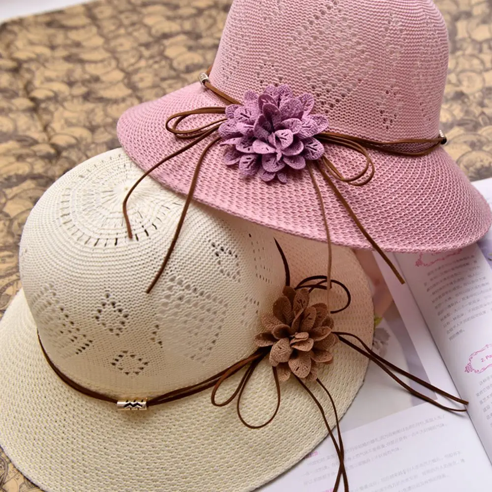 

Women Summer Bucket Hat Anti-UV Sun Hat Breathable Beach Sun Straw Hat Hollow Out Lace Up Bandage Cap