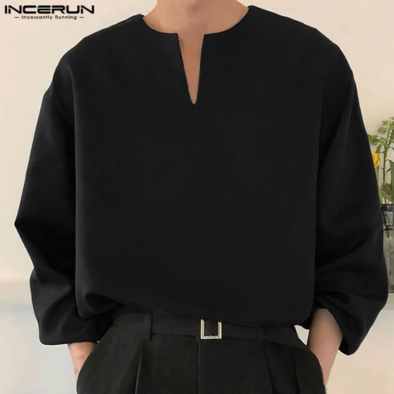 

Korean Style Men Tops INCERUN Loose Cuffs Small V-neck Blouse Casual Fashion Male Solid All-match Simple Comfortable Shirt S-5XL