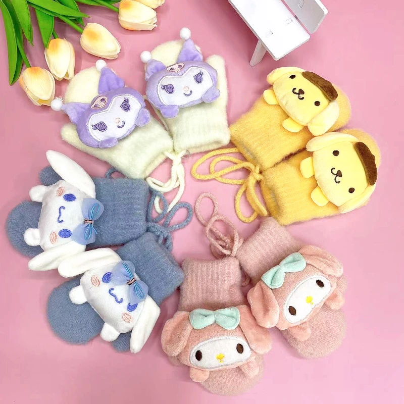 

Kawaii Sanrio Anime Figure Kuromi Cinnamoroll My Melody Knitted Warm Children Gloves Birthday Christmas Cute Gift for Girls
