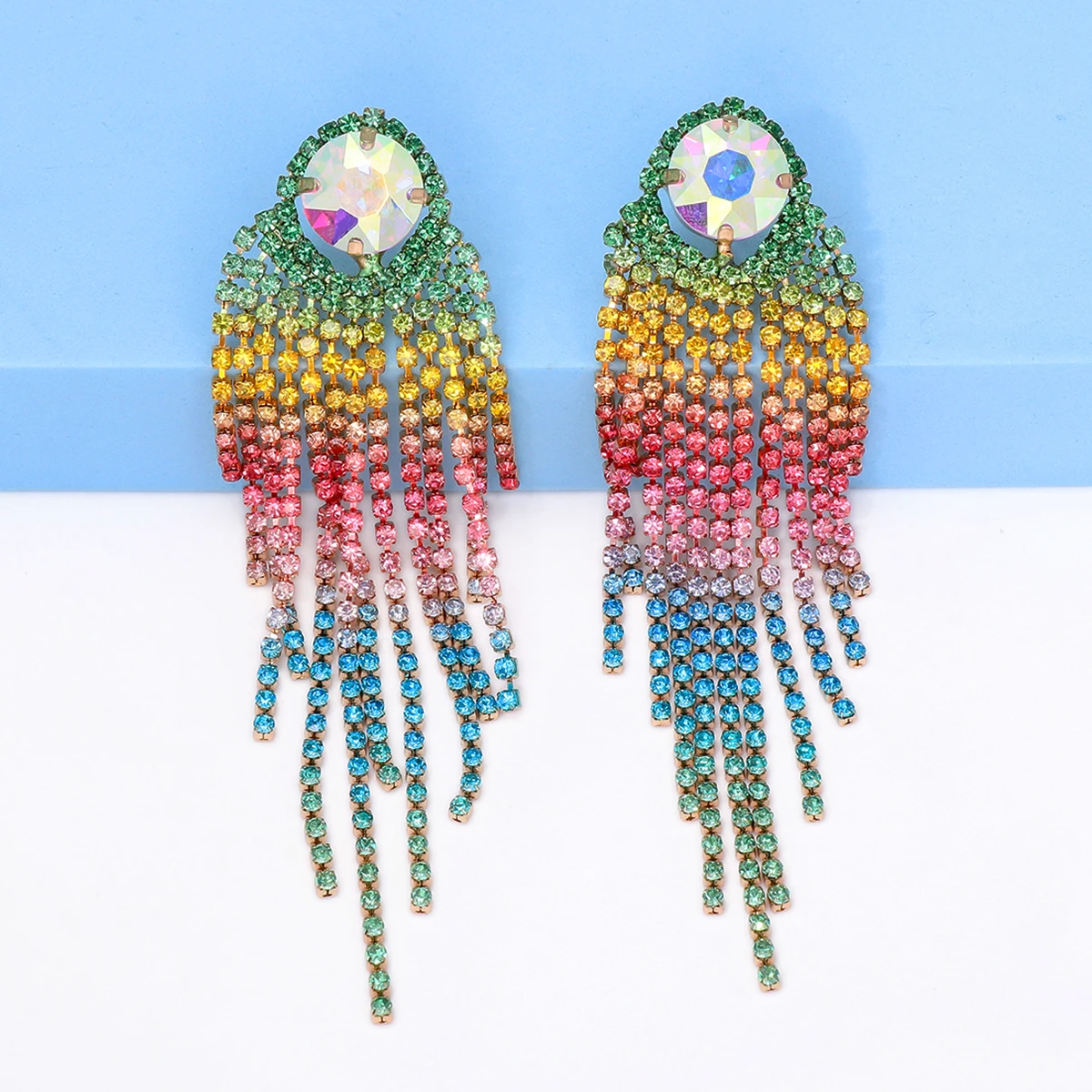 

Luxury Gradient Colorful Crystal Long Tassel Earrings High-quality Full Rhinestone Earrings for Women Boho Statement Jewelry