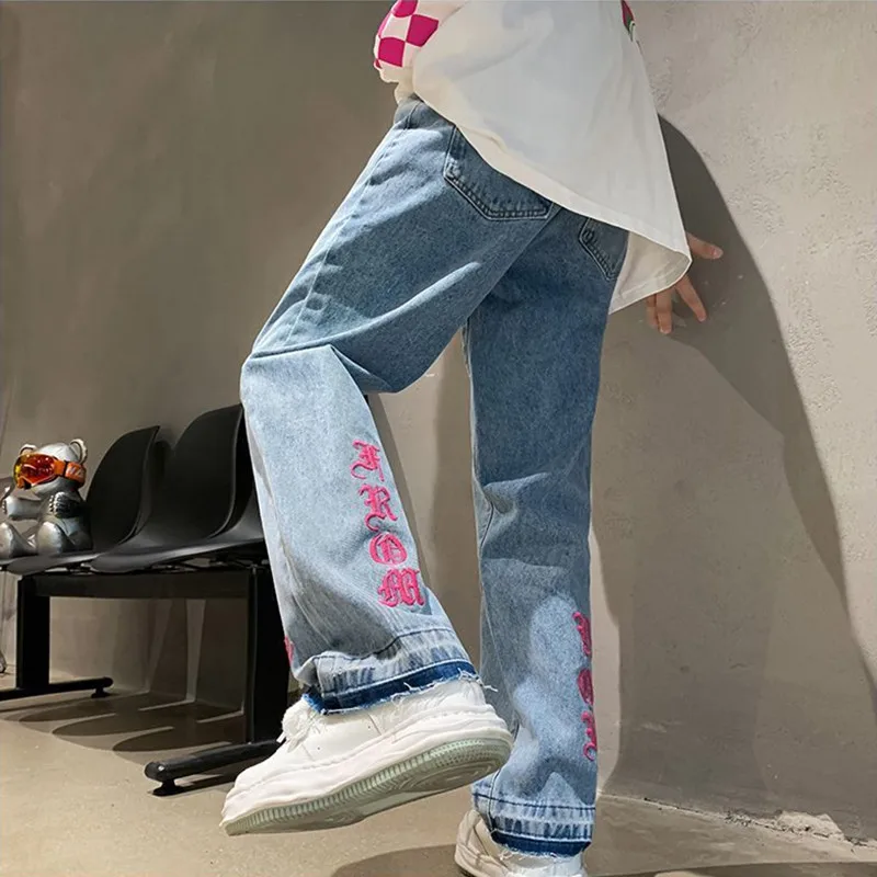 Streetwear Gothic Lettering Embroidery Jeans For Men Y2k Straight Pants Fashion Baggy Jeans Women's Jeans 2023 Trend Trousers