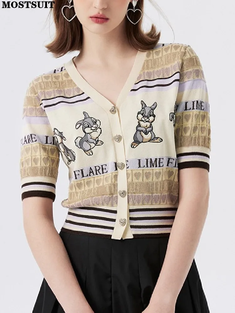 

2023 Summer Ice Silk Jacquard Thin Knit Sweater Tops Women Short Sleeve V-neck Single-breasted Vintage Elegant Stylish Knitwear