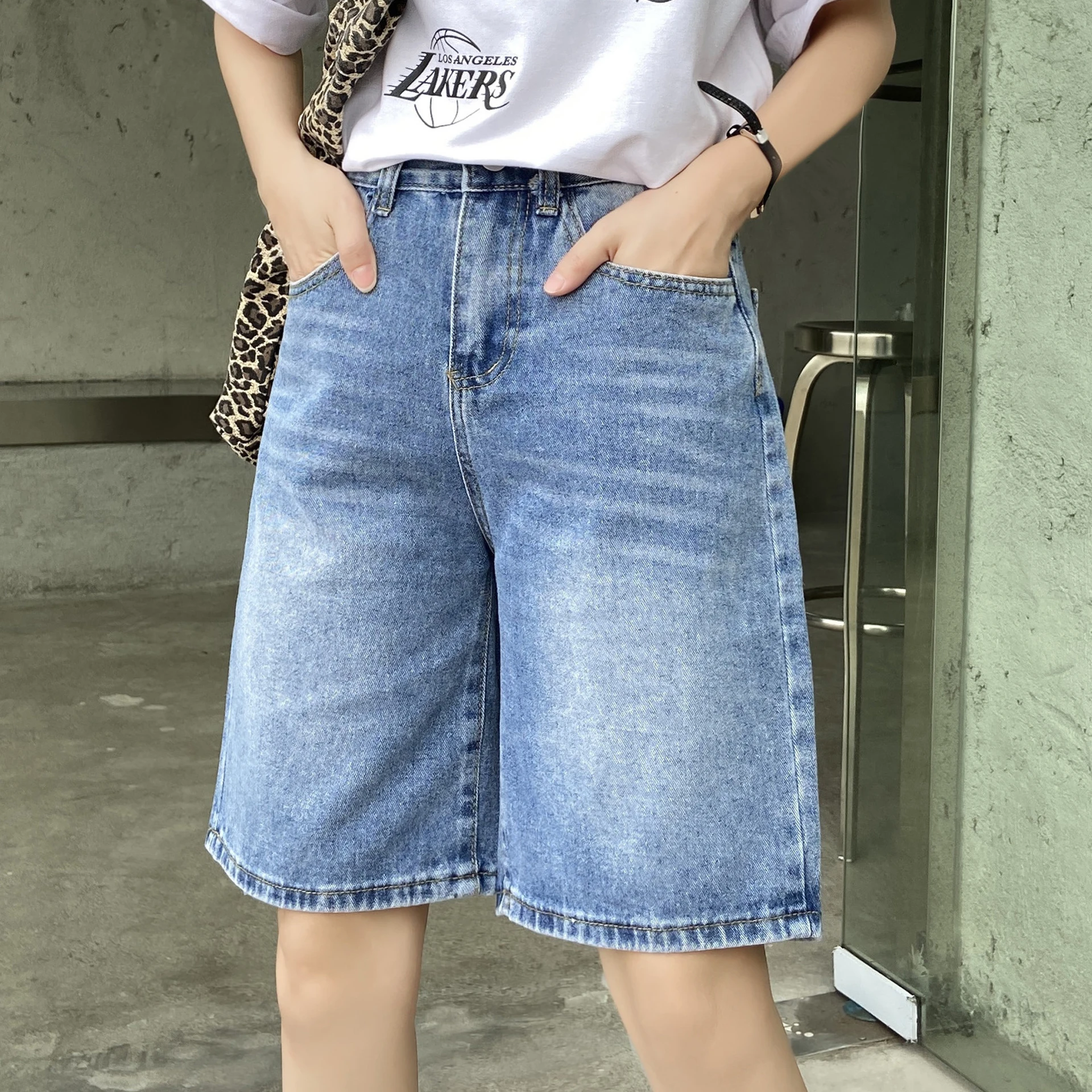 2023 New Summer Women Denim Shorts Women Harem Ruffled Blue High Waisted Shorts Female Elastic Jeans Shorts Casual Female Loose