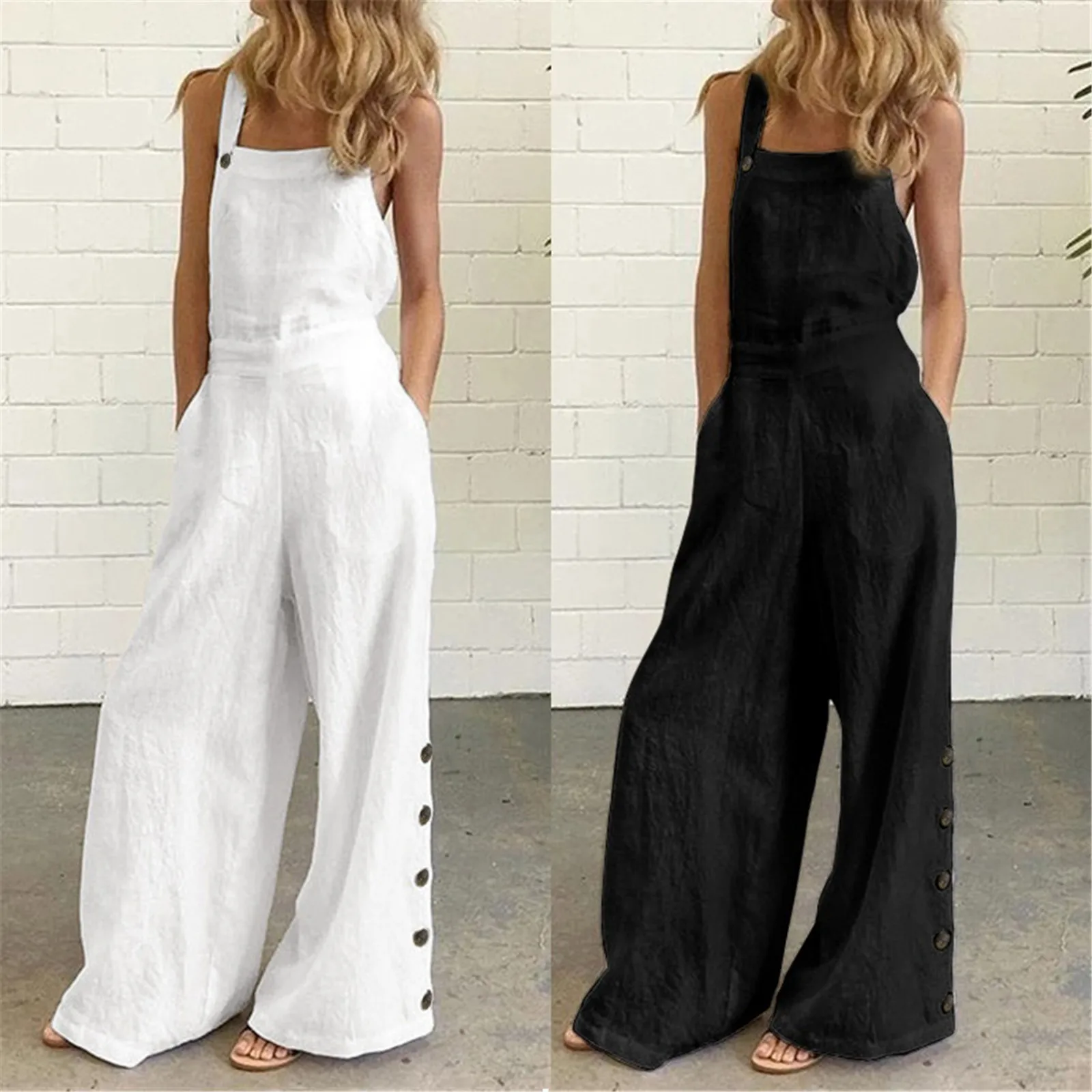 

Women Jumpsuit Summer Sleeveless Solid Color Wide Leg Pockets Loose Strappy Playsuit Overall Wide Leg Pockets mujer Playsuit