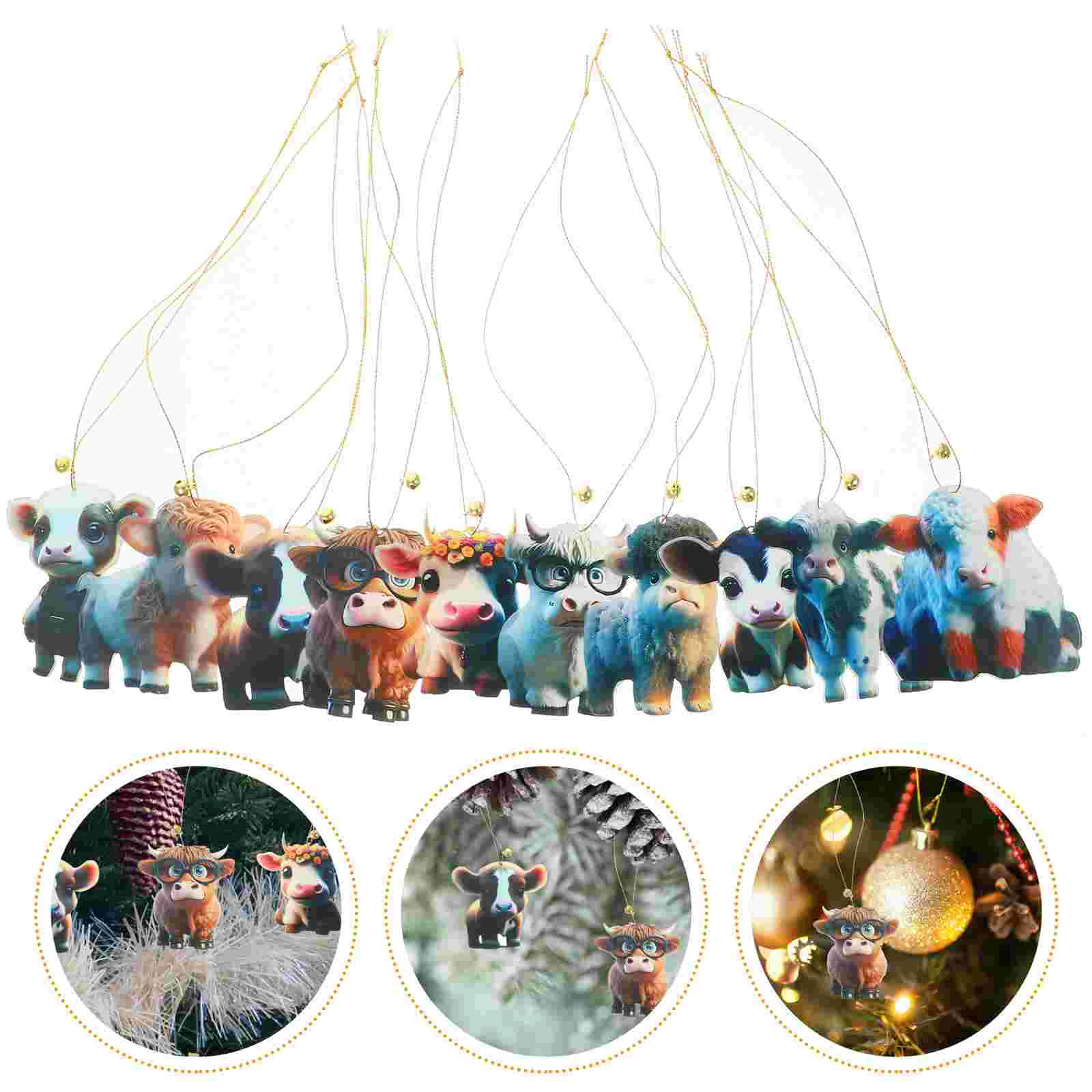 

10 Pcs Christmas Decorations Carton Cow Hanging Ornament Highland Decorative Acrylic Pendants Tree