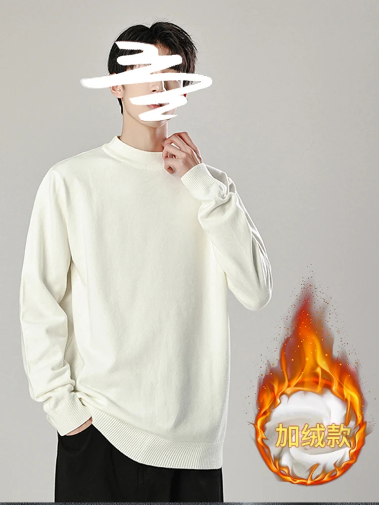 Half-high Collar Sweater Men's Autumn and Winter Fleece-lined Loose Inner wear Boys Black Spring Knitted Bot...