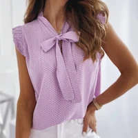 sleeveless polka dot top summer chiffon office shirts woman casual t shirt fashion tops sexy pullover tie bow ol tunic blouse