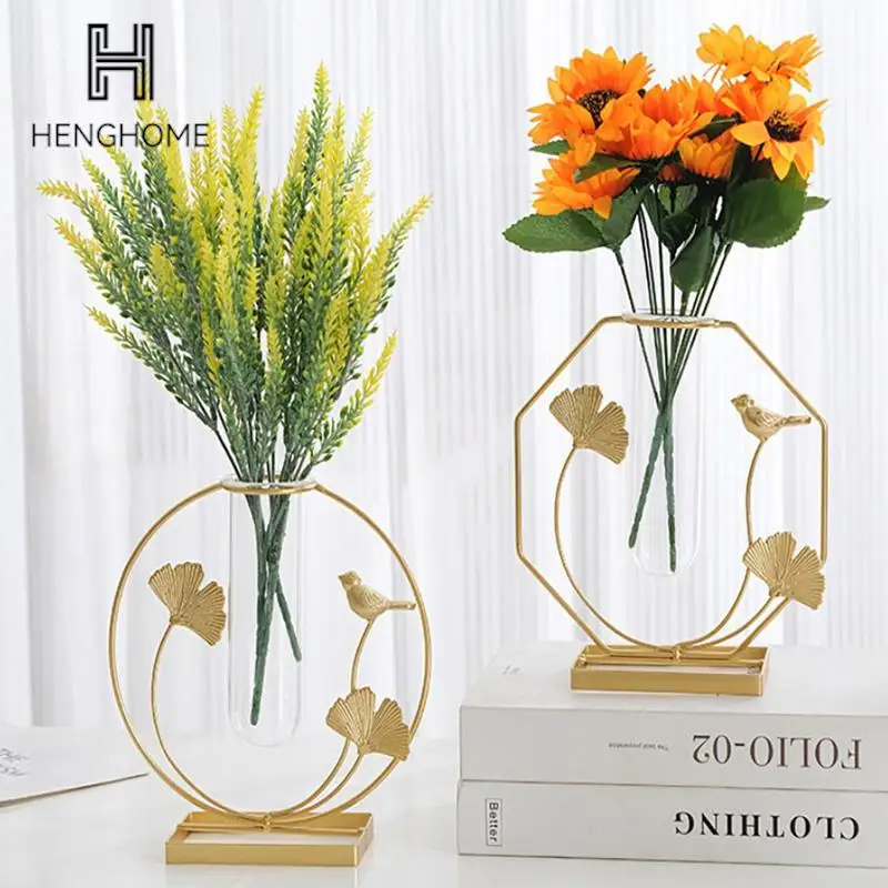 

Simple Golden Glass Vase Nordic Hydroponic Plant Flower Vase Iron Geometric Glass Test Tube Metal Plant Holder Modern Home Decor