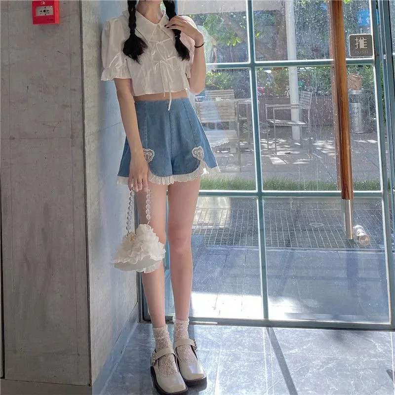 Women Summer Kawaii Sexy Blue Shorts 2021 Cute Lolita Girls Denim Shorts M-4XL Japanese Sweet High Waist Lace Irregular Bottoms