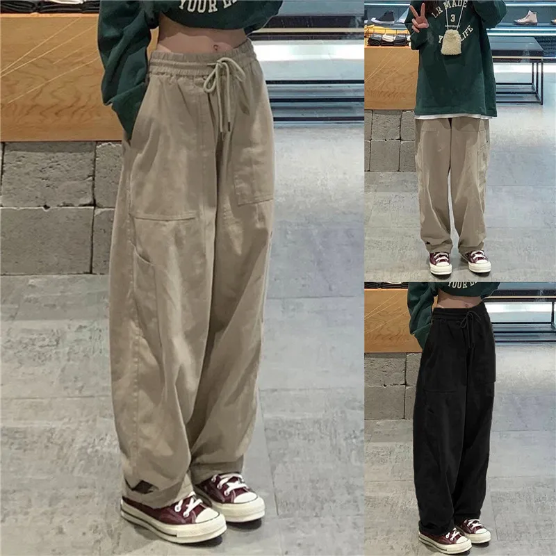 Vintage Cargo Pants Women Khaki Wide Leg Pants womens Harajuku Baggy Sweatpants Hip Hop Trousers Drawstring Streetwear Pantalon