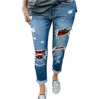 women patch designs denim jeans plaid do old pencil jeans pants autumn skinny ripped jeans distressed ankle length capri pants