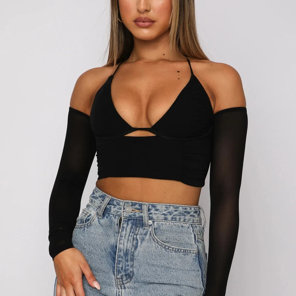 

Sunny y.j. Mesh Halter Blouse Patchwork Low Cut See Through Long Sleeve Tie up Underwire Ruffle Blouse blusas mujer de moda 2022