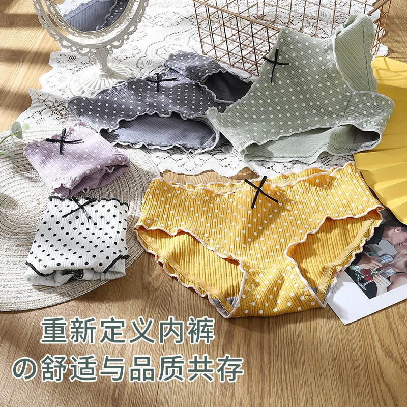 

Women Cotton Wave Point Panties Sexy Fashion Bow Girl Briefs Underwear Mid Waist Lovely Underpants Cute Comfort Female Lingerie