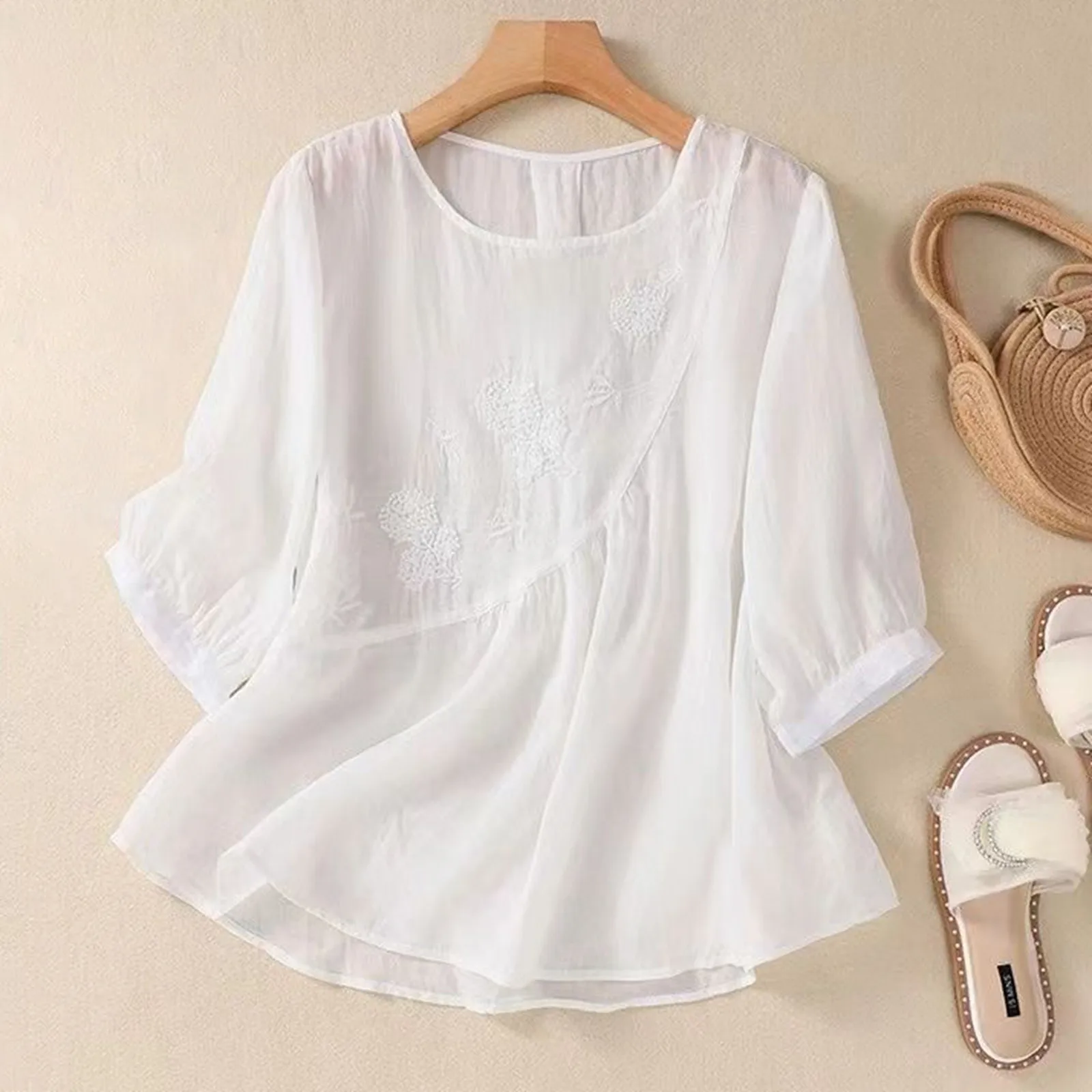 Рубашка женская компрессионная с вышивкой блуза круглым вырезом и длинным