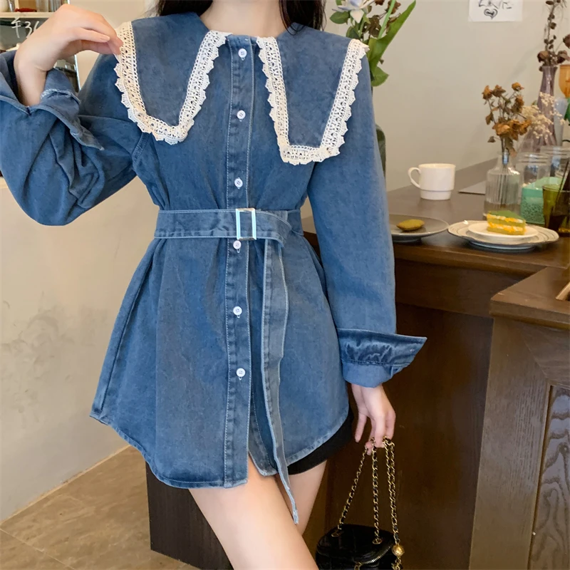 Jeans women's blue spring dress large size lace doll neck long-sleeved shirt denim dress with belt S-5XL200 jin