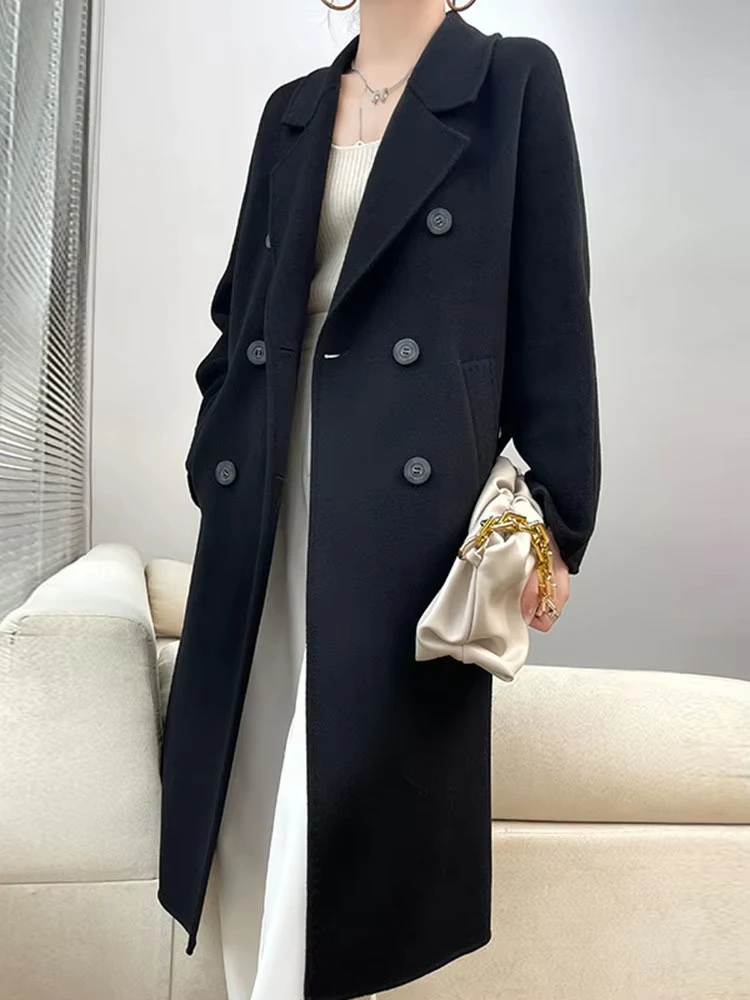 Модное женское пальто из 90% шерсти с лацканами свободное двубортное длинными