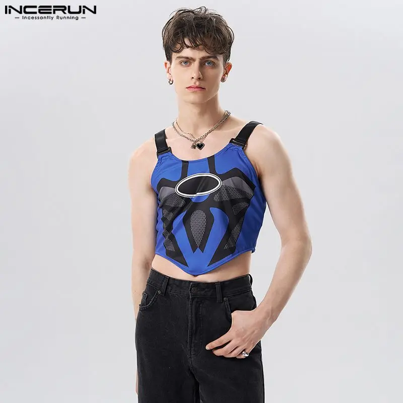 

American Style Mens Fashion Mecha Pattern Patchwork Waistcoat Casual Streetwear Printed Sleeveless Vests S-5XL INCERUN Tops 2023