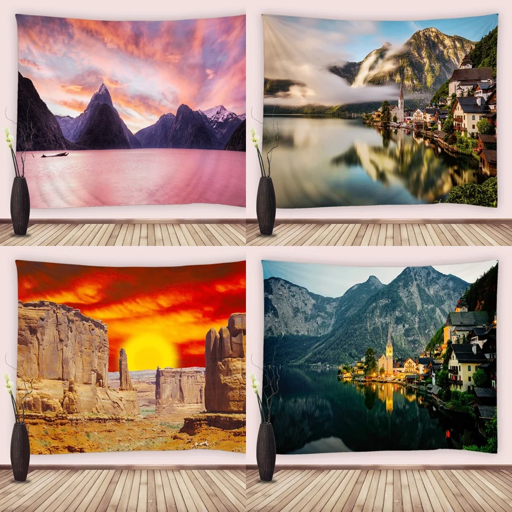 

Ocean Town Tapestry Mountain Natural Scenery Sunset Landscape Wall Hanging Tapestries Fabric Bedroom Living Room Dorm Home Decor