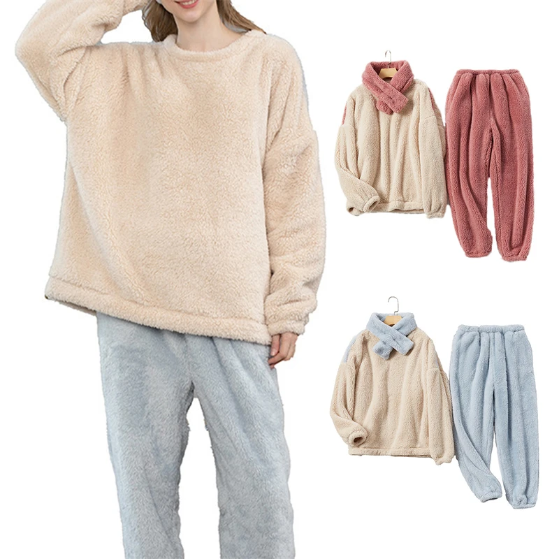 

Зимние пижамные комплекты, Женский однотонный пушистый Пижамный костюм с длинным рукавом и брюками, плотная Теплая Флисовая домашняя одежда для женщин