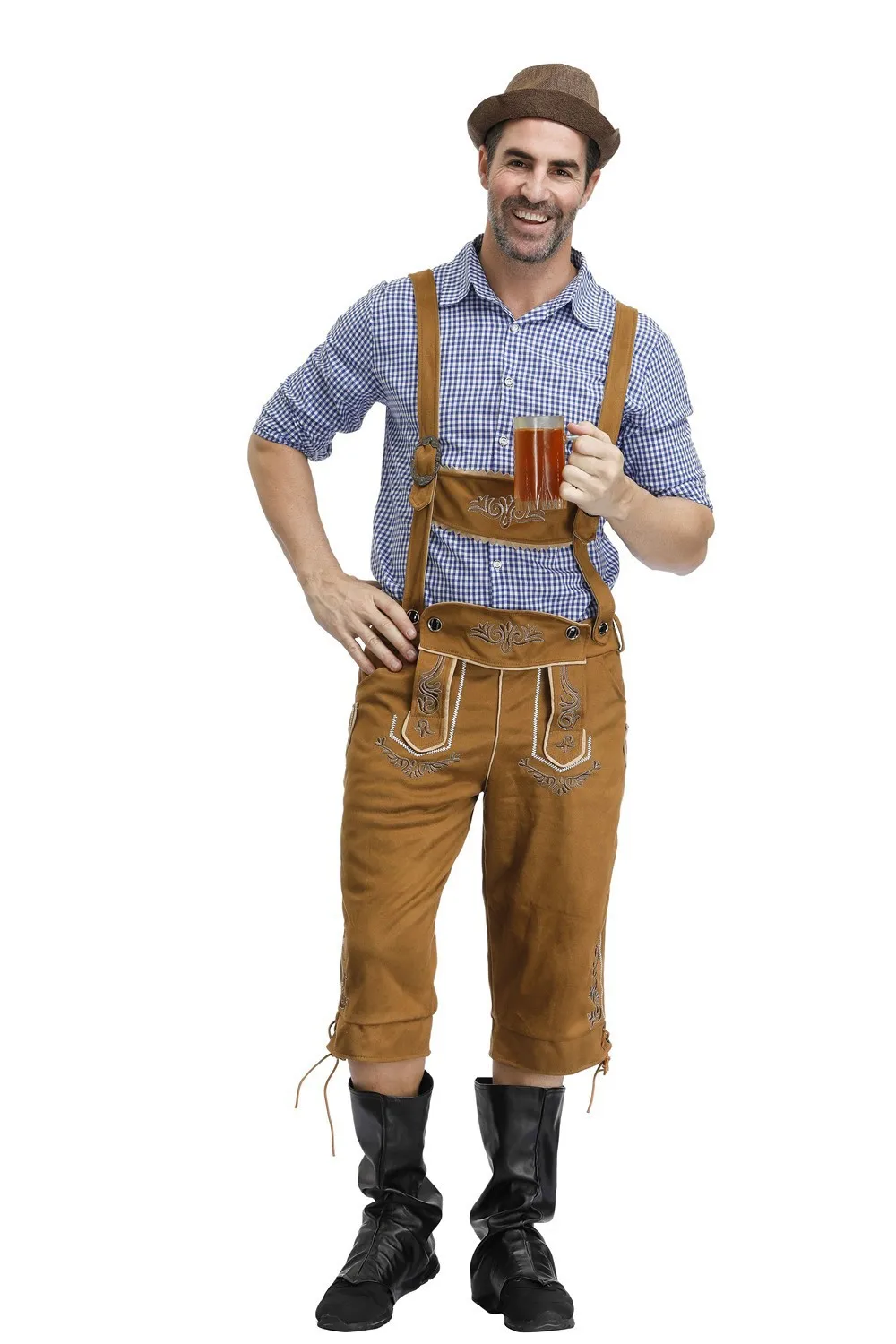 German Oktoberfest Cosplay Costume Men's Bavarian Lederhosen Men Suit Blue Plaid Shirt Men's Brown Beer Suspenders