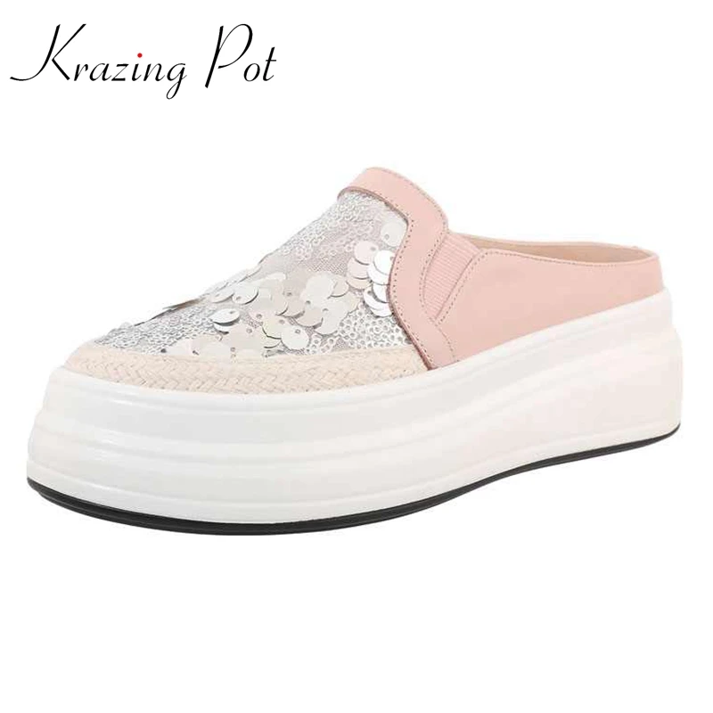 

Krazing Pot Air Mesh Breathable Cozy Round Toe Thick Bottom Platform Mules Bling Classic Style Mature Women Outside Slippers L02