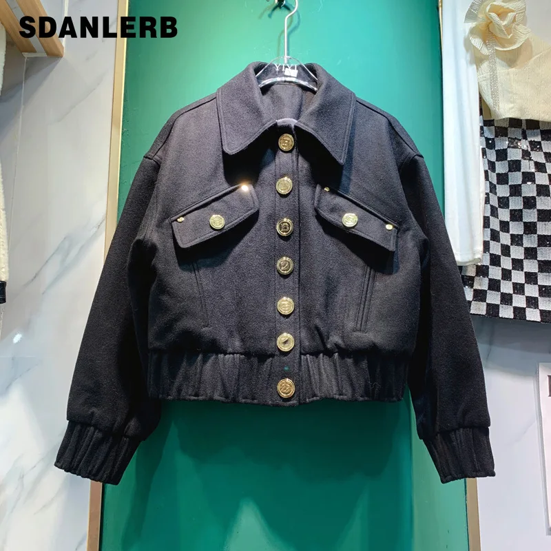 

2021 Autumn and Winter Retro Metal Buckle Lapel Cardigan Tight Waist Short Woolen Coat Women's Long Sleeve Black Jacket