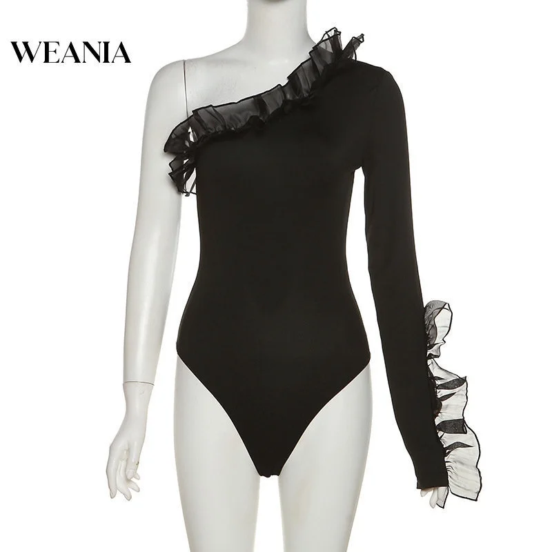 

Sexy Women's Irregular Neck Ruffed One Long Sleeve Slim Party Bodysuit