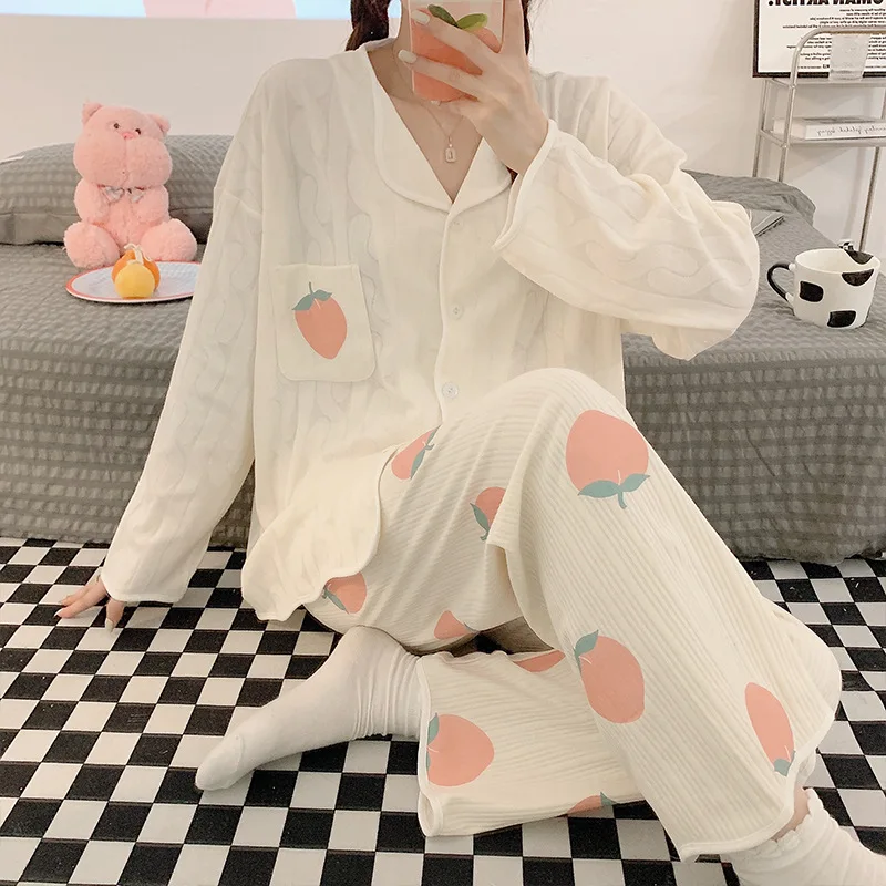 Yasuk Spring Autuum Fashion Women's Casual Sleepwear Homewear Lovely Sweet Girl Pajamas With Pants Soft Simple Strawberry Kawaii