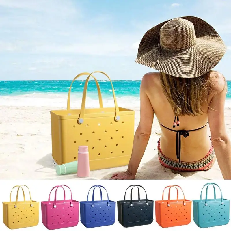 

Large Beach Tote Waterproof Washable Rubber Tote Bag With Holes Stylish Women Handbag For Beach Pool Gym Sports Shopping Outdoor