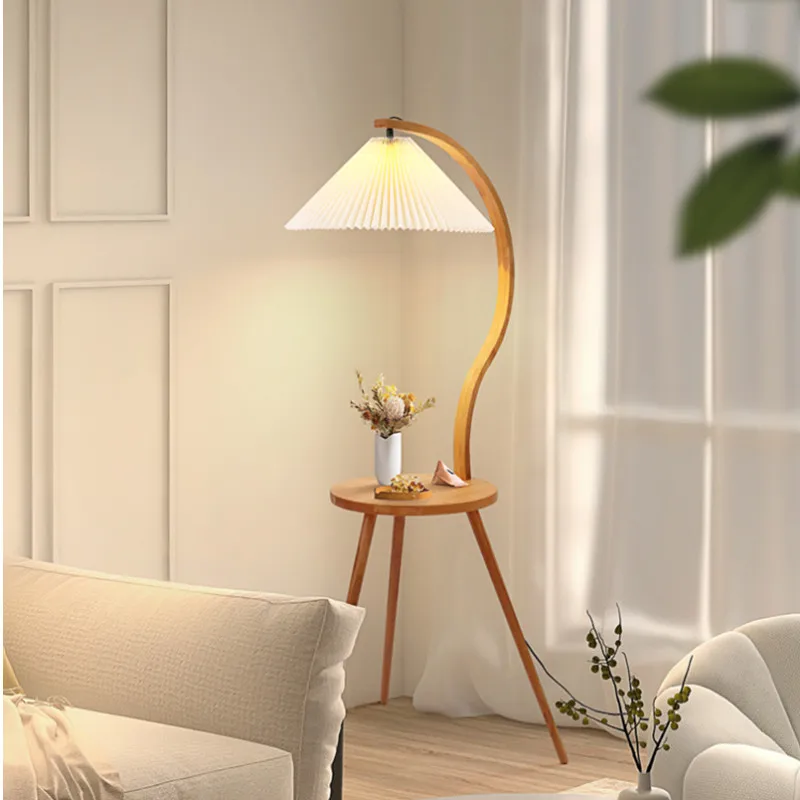 

Vintage Solid Wood Coffee Table Floor Lamps Pleated Lampshade Living Room Standing Light Remote Control Dim Bedroom Bedside Lamp