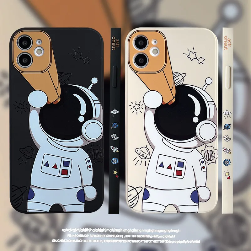 

Cute Astronaut Hand Lanyard Phone Case For iPhone 13 12 11 Pro Max XS Max XR X 8 7Plus Liquid Silicon Soft TPU Bumper Back Cover