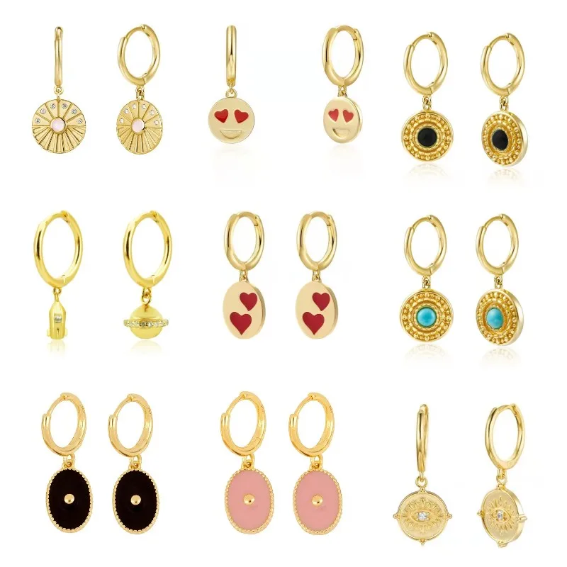 

Wholesale INS Vintage Round Circle multiple hangs Enamel Dangle Earrings For Women Blue black Stone pink Enamel Earrings Jewelry