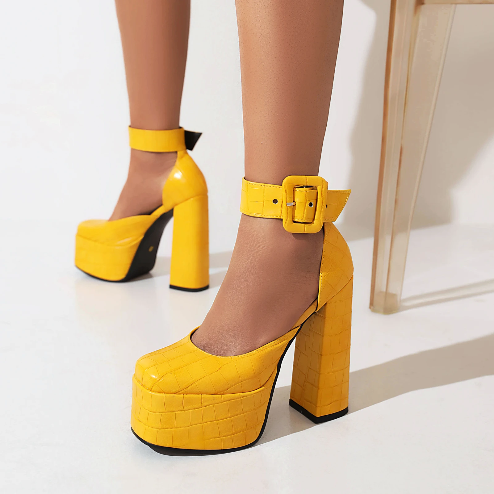 

Sexy Night Club Style Super High Heels Shoes Pu Leather Buckle-strap Rome Women Pumps Platform Square Toe Ladies Wedding Shoes