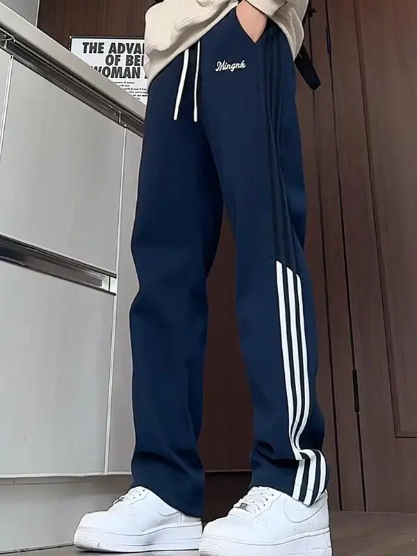 Осенние новые спортивные прямые повседневные брюки в полоску мужские свободные