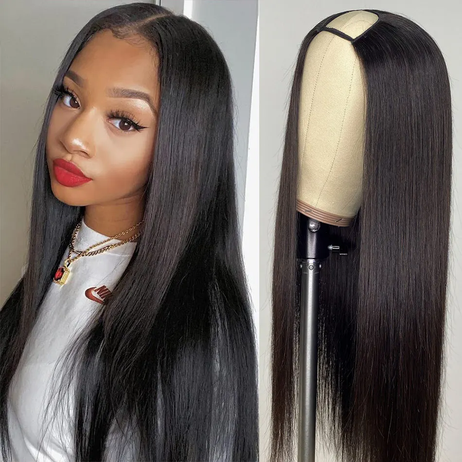 

Straight U Part Human Hair Wigs Middle Part For Black Women Brazilian Virgin Hair No Sew No Glueless Full Head Clips in Half Wig