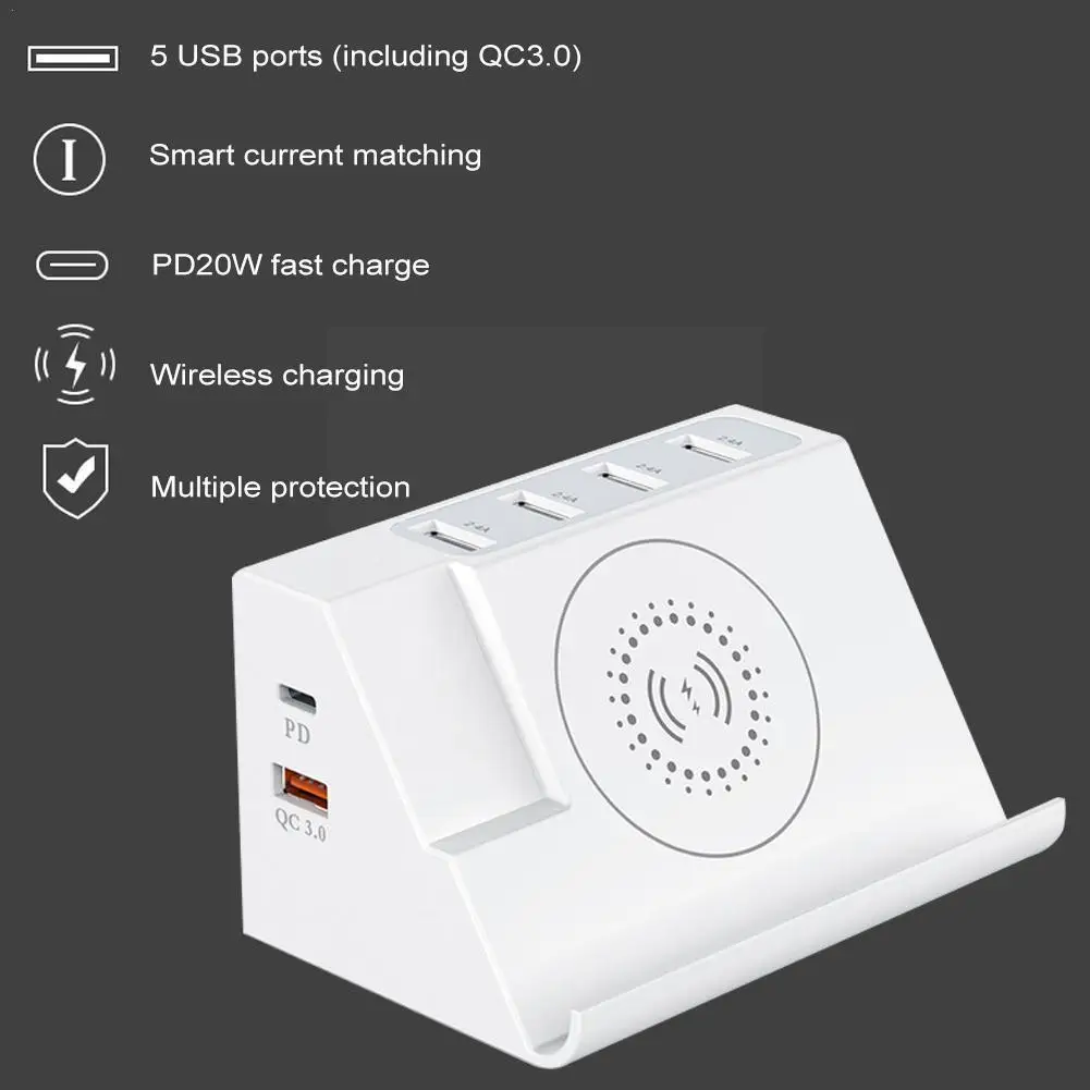 

Беспроводная зарядная станция PD20W QC3.0, USB-порт для быстрой зарядки для IPhone, Samsung, зарядное устройство для телефона W7T9