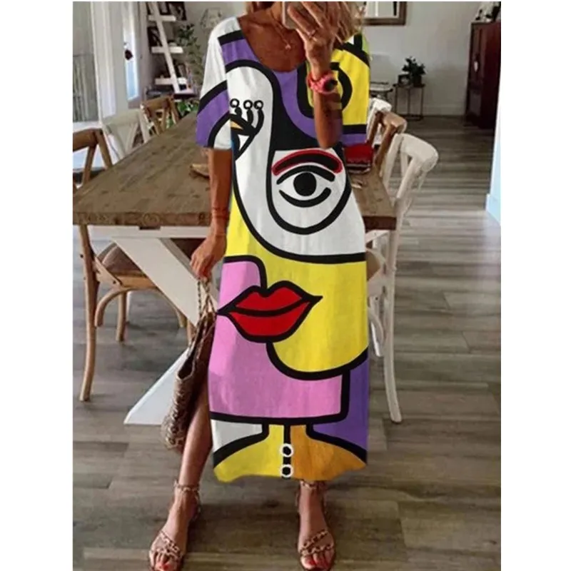 

Human Face Printed Black Dress 2022 Elegant Casual Vintage Dresses Woman Summer Beach Sleeveless Girls Long Dress Women